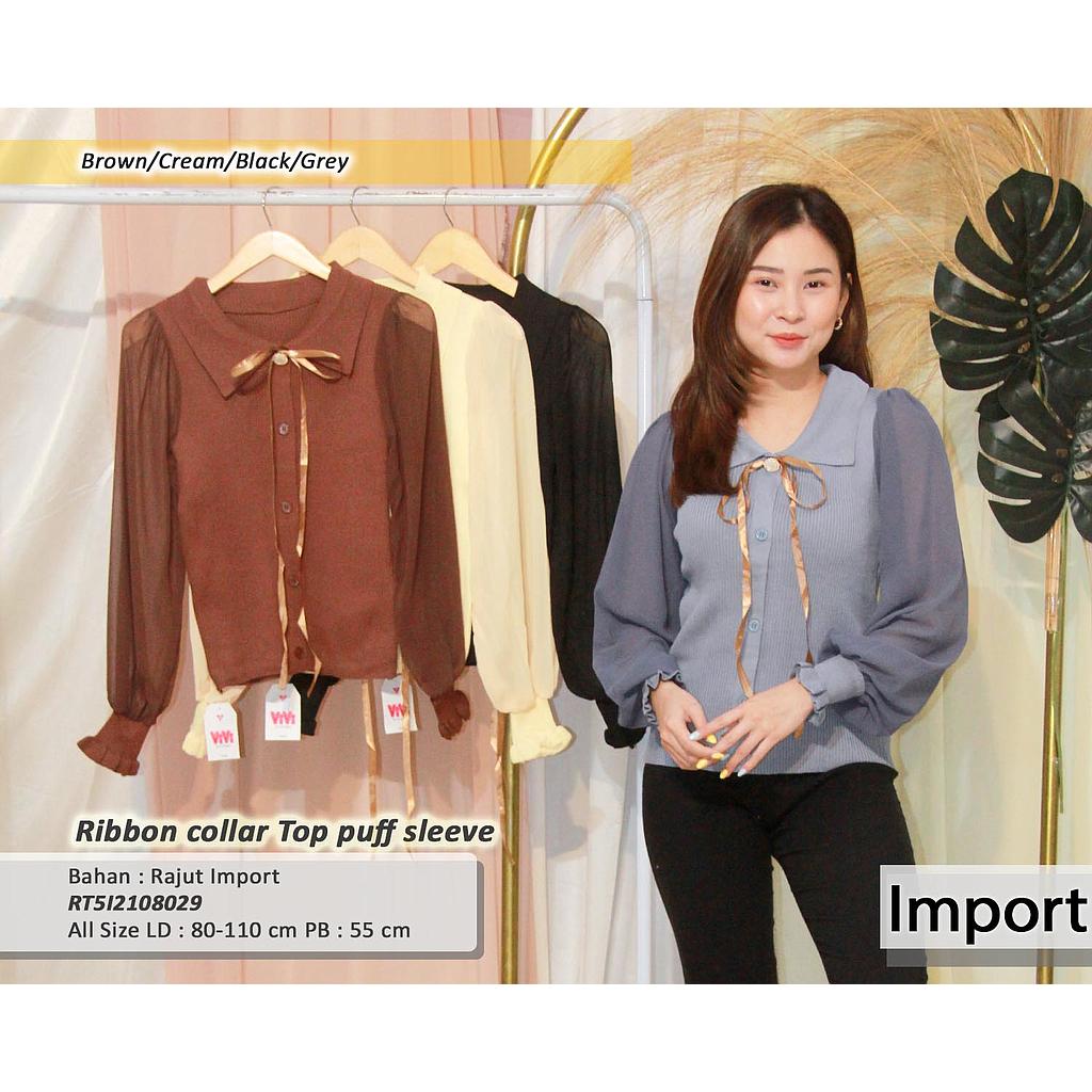 Ribbon collar Top Puff sleeve